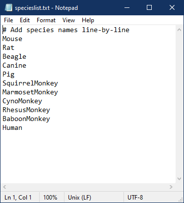 Species list file